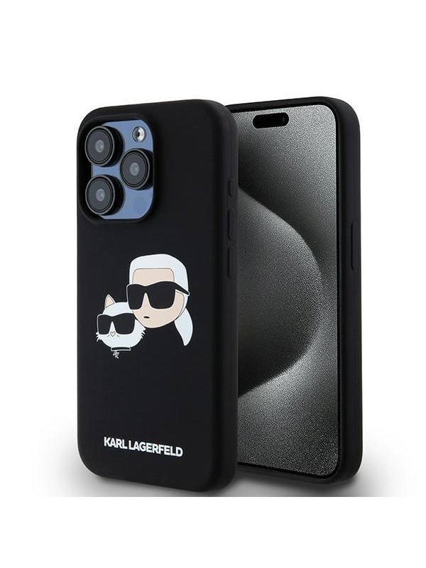 MagSafe Hülle für Apple iPhone 15 Pro, Karl Lagerfeld, Silikon Karl & Choupette's Köpfe, Schwarz