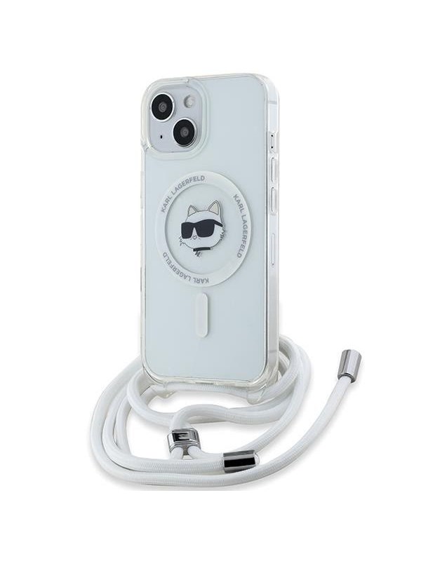 MagSafe Hülle für Apple iPhone 15, Karl Lagerfeld, IML Crossbody Choupette's Head mit Trageriemen, Transparent
