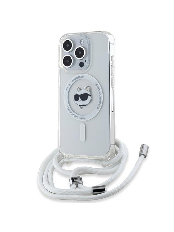 MagSafe Hülle für Apple iPhone 15 Pro Max, Karl Lagerfeld, IML Crossbody Choupette's Head with Strap, Transparent