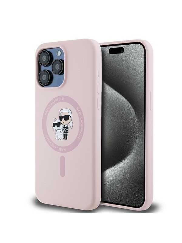 MagSafe Hülle für Apple iPhone 15 Pro Max, Karl Lagerfeld, Silicone Ring Karl & Choupette, Rosa