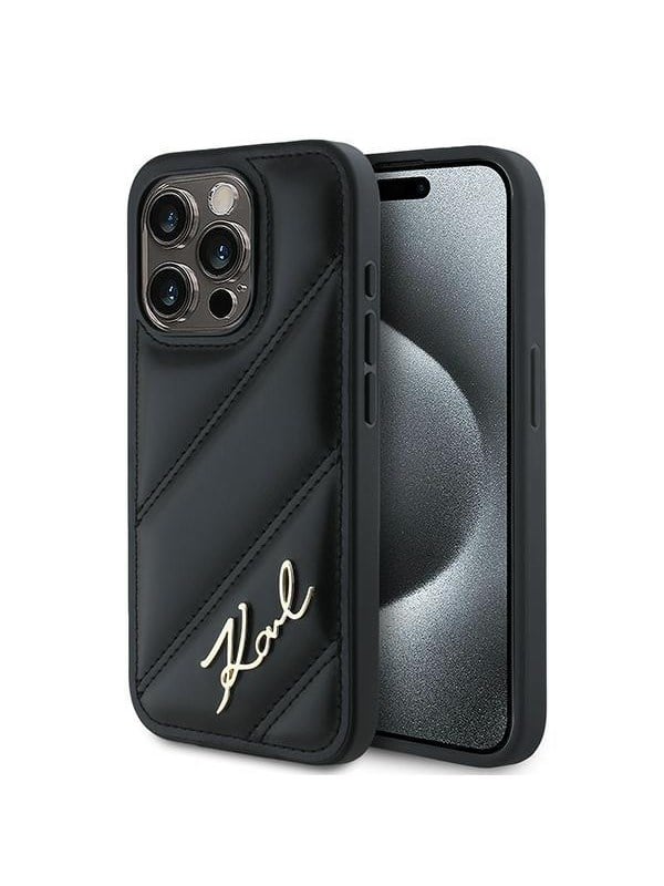 Hülle für Apple iPhone 15 Pro, Karl Lagerfeld, Diagonal Quilted Script, Schwarz