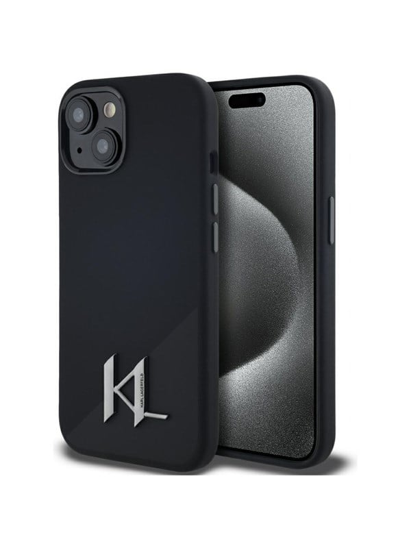 MagSafe Hülle für Apple iPhone 15, Karl Lagerfeld, Silicone Shadow Metal Initial, Schwarz
