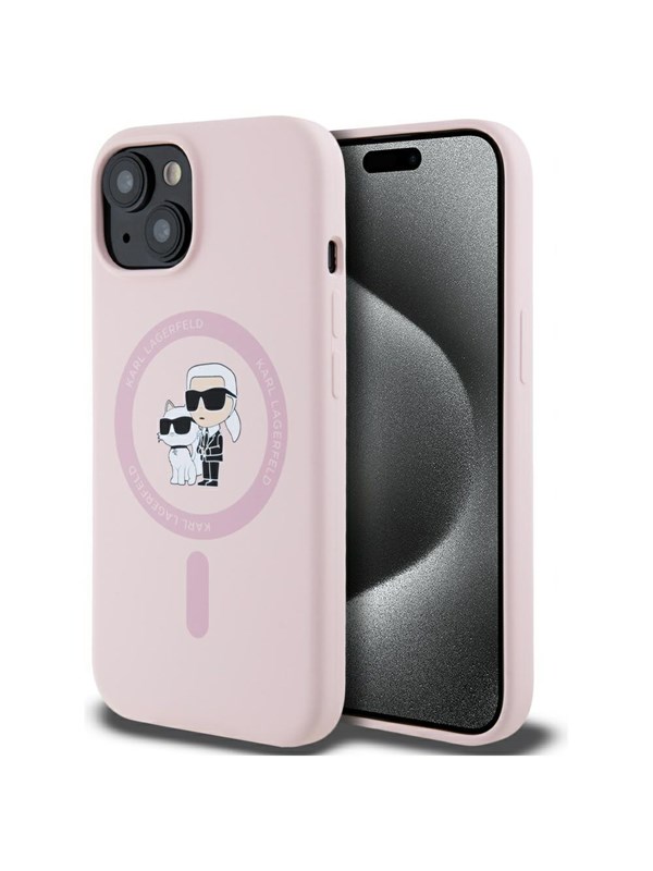 MagSafe Hülle für Apple iPhone 15 Plus, Karl Lagerfeld, Silikon Karl & Choupette, Rosa
