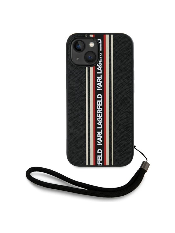 Hülle für Apple iPhone 15, Karl Lagerfeld, Saffiano Athleisure Stripes with Strap, Rosie