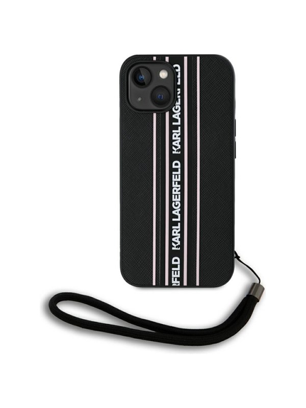 Hülle für Apple iPhone 15, Karl Lagerfeld, Saffiano Athleisure Stripes mit Trageriemen, Rosa