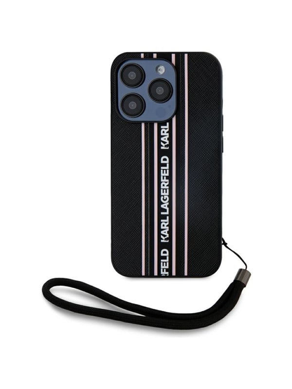 Hülle für Apple iPhone 15 Pro, Karl Lagerfeld, Saffiano Athleisure Stripes with Strap, Rosa