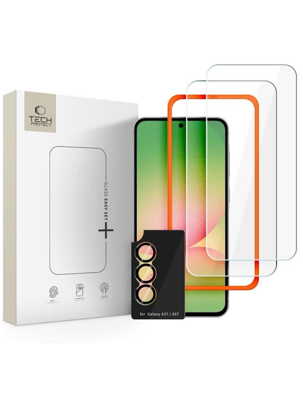 Schutzfolie für Bildschirm und Rückkamera Tech-Protect Quick Set+ für Samsung Galaxy A57 5G, gehärtetes Glas, Vollkleber, Set 3 Stück
