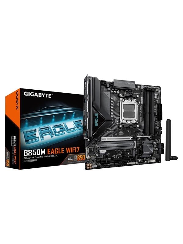 GIGABYTE B850M EAGLE WIFI7 Mainboard – AMD Ryzen 9000 Series CPUs, digitales 8+2+2-Phasen-VRM, bis zu 8200 MHz DDR5 (O.C.), 1× PCIe-5.0-M.2 + 1× PCIe-4.0-M.2, Wi-Fi 7, 2.5-GbE-LAN, USB 3.2 Gen 2