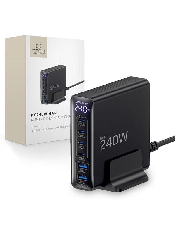 Tech-Protect DC240W-GaN Charging Station 6 Ports 4 x USB-C 2 x USB-A 240W QC30 - Black USB-Hubs - USB 30 - 6 - Schwarz
