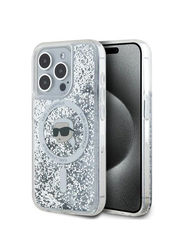 MagSafe Hülle für Apple iPhone 15 Pro, Karl Lagerfeld, Liquid Glitter Karl's Head, Transparent