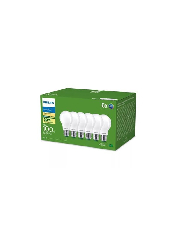 Philips LED-Lampe Ultra Efficient A60 7.3W/827 (100W) Frosted 6-pack E27