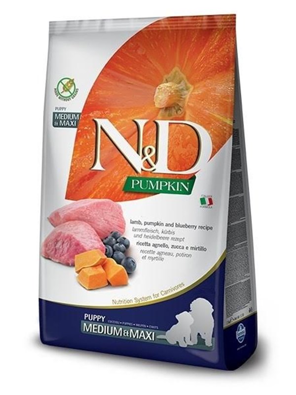 12 kg N&D Pumpkin Canine Lamb & Blueberry Puppy Medium & Maxi Hundefutter trocken