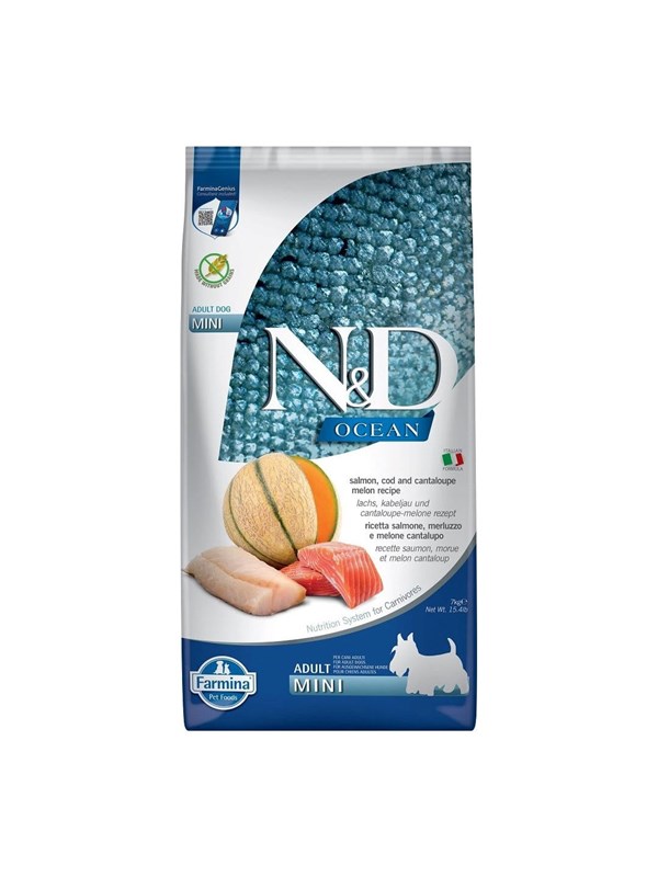 Farmina N&D Ocean Hund Lachs, Kabeljau, Cantaloupe, Melone Adult Mini - Trockenfutter für Hunde - 7kg