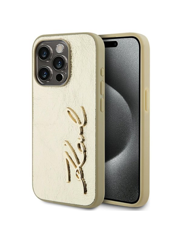 Hülle für Apple iPhone 15 Pro Max, Karl Lagerfeld, Metal Signature, Goldfarben