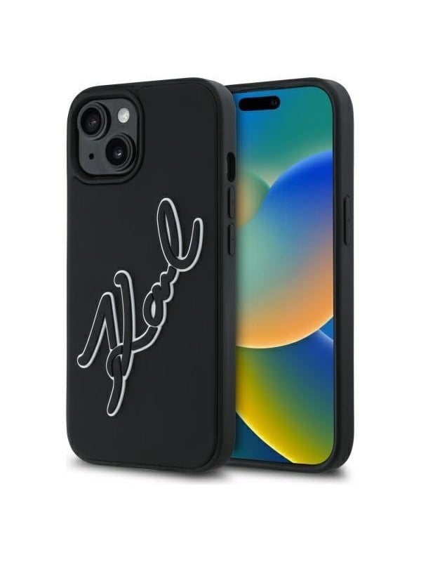 Hülle für Apple iPhone 15, Karl Lagerfeld, 3D Rubber Signature, Schwarz