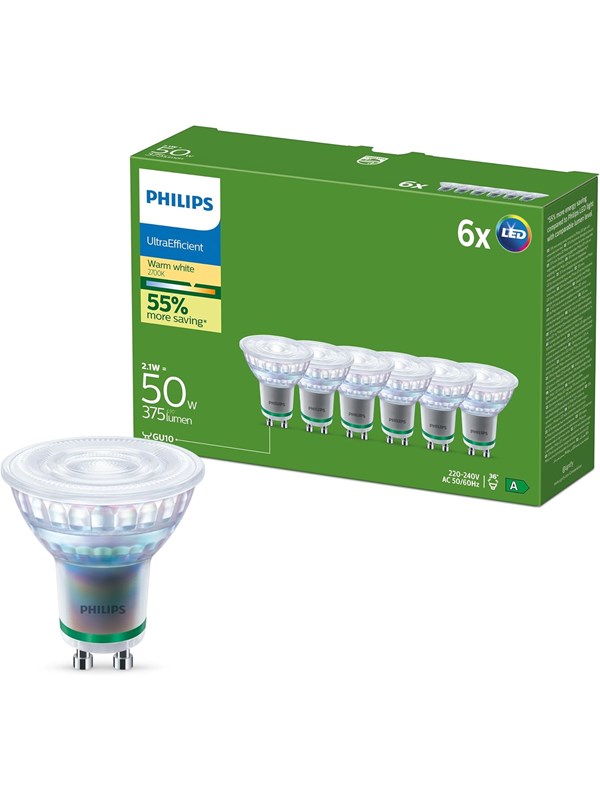 Philips LED-Lampe Ultra Efficient 2,1W/827 (50W) 36° 6-pack GU10