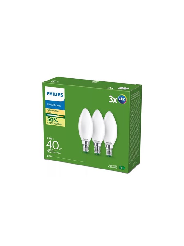 Philips LED-Lampe Ultra Efficient B35 2,3W/827 (40W) Frosted 3-pack E14