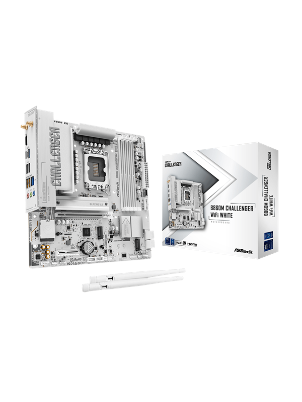 Image of ASRock B860M Challenger WiFi White Mainboard - Intel B860 - Intel LGA1851 - DDR5 RAM - Micro-ATX