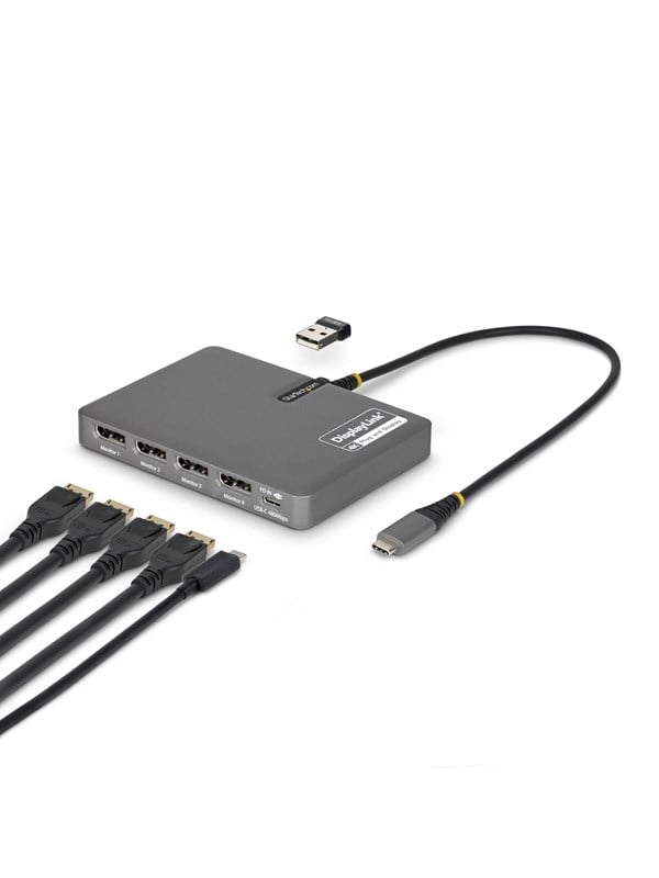 StarTechcom QUAD-USB-DP-ADAPT USB-C to Quad-Monitor Workstation Adapter 4K 60Hz DisplayPort 140W PD Passthrough for Laptop Charging
