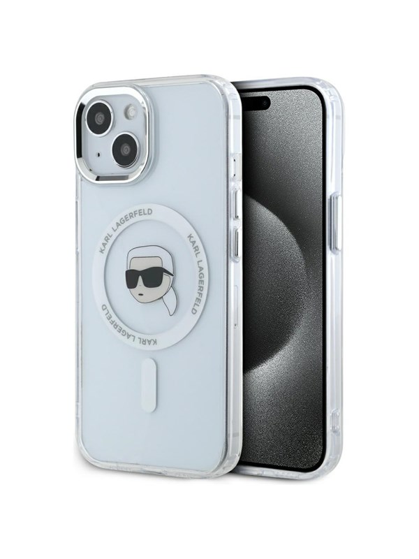 MagSafe Hülle für Apple iPhone 15 Plus, Karl Lagerfeld, IML Metal Karl's Head, Weiß