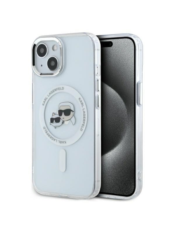 MagSafe Hülle für Apple iPhone 15, Karl Lagerfeld, IML Metal Karl & Choupette's Heads, Weiß