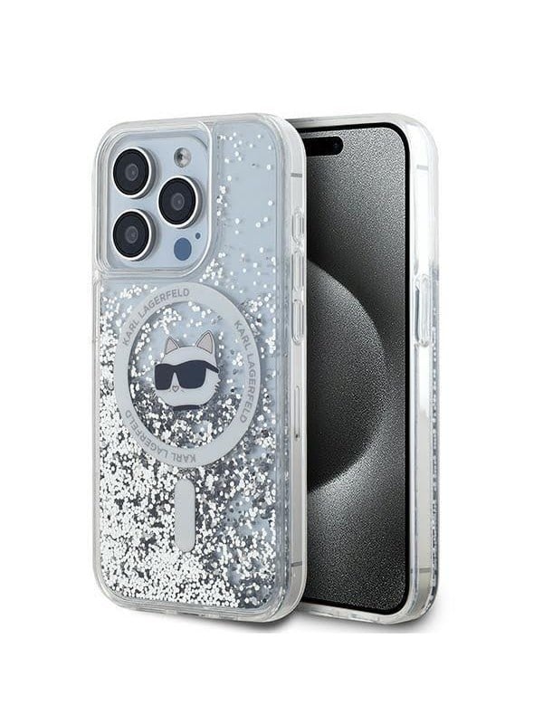 MagSafe Hülle für Apple iPhone 15 Pro Max, Karl Lagerfeld, Liquid Glitter Choupette Head, Transparent