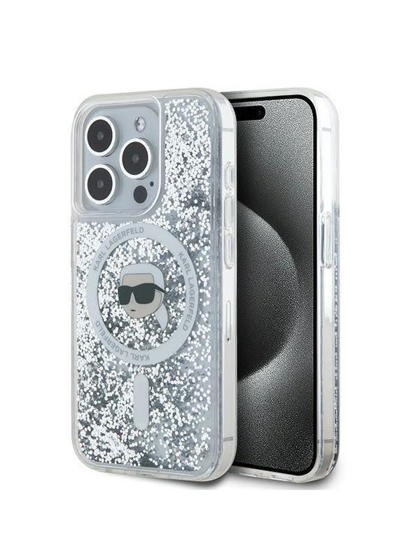 MagSafe Hülle für Apple iPhone 15 Pro Max, Karl Lagerfeld, Liquid Glitter Karl's Head, Transparent