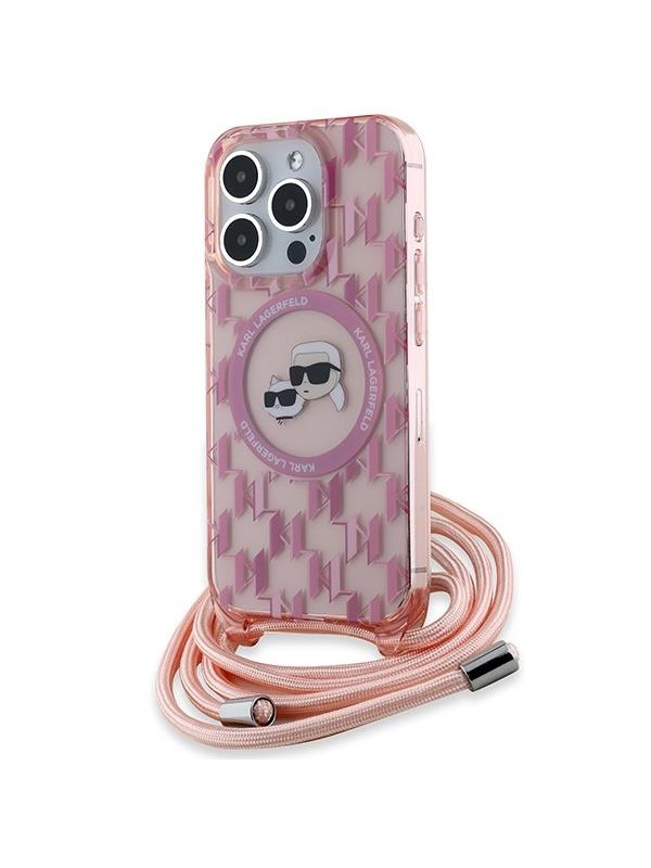 MagSafe Hülle für Apple iPhone 15 Pro, Karl Lagerfeld, IML Crossbody Monogram Karl & Choupette's Heads, Rosa