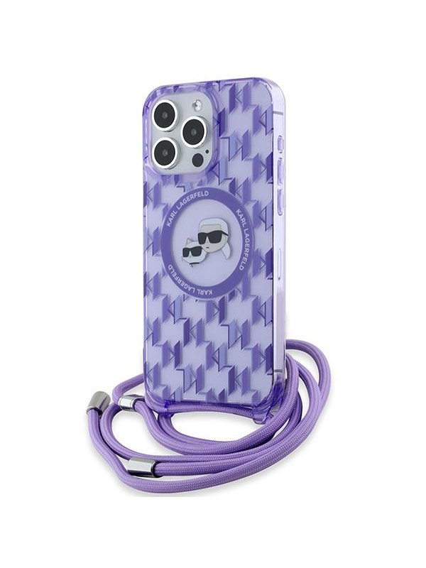 MagSafe Hülle für Apple iPhone 15 Pro, Karl Lagerfeld, IML Crossbody Monogram Karl & Choupette's Heads, Lila