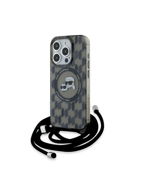 MagSafe Hülle für Apple iPhone 15 Pro Max, Karl Lagerfeld, IML Crossbody Monogram Karl & Choupette's Heads, Schwarz