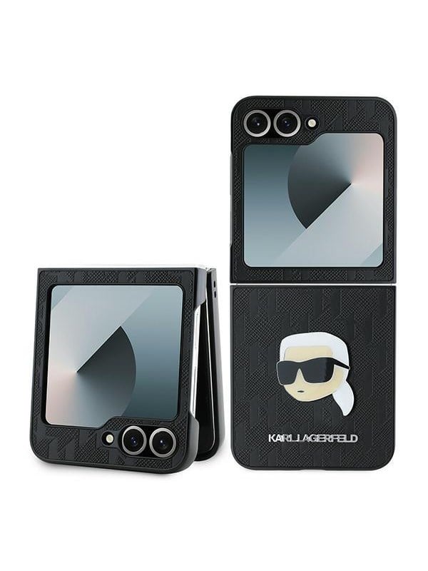 Hülle für Samsung Galaxy Z Flip7 FE F761 / Z Flip6 F741, Karl Lagerfeld, Saffiano Monogram Karl's Head Metal, Schwarz