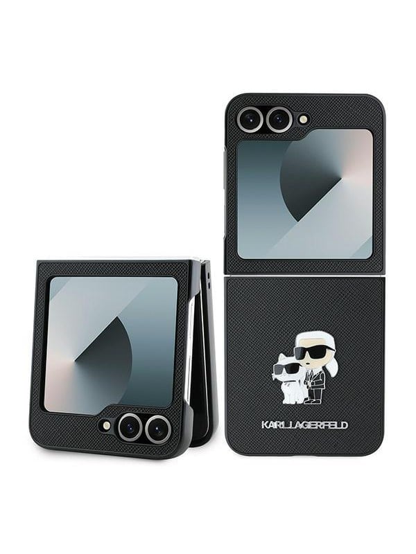 Hülle für Samsung Galaxy Z Flip7 FE F761 / Z Flip6 F741, Karl Lagerfeld, Saffiano Karl & Choupette Metal, Schwarz