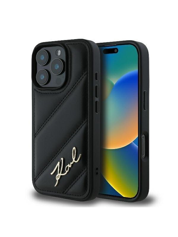 Hülle für Apple iPhone 16 Pro, Karl Lagerfeld, Diagonal Quilted Script, Schwarz