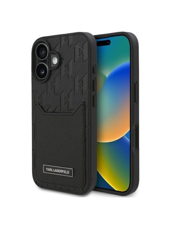 Hülle für Apple iPhone 16, Karl Lagerfeld, Cardslots Monogram, Schwarz