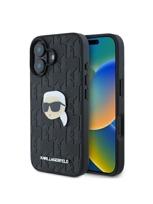 Hülle für Apple iPhone 16, Karl Lagerfeld, Monogram Karl's Head, Schwarz