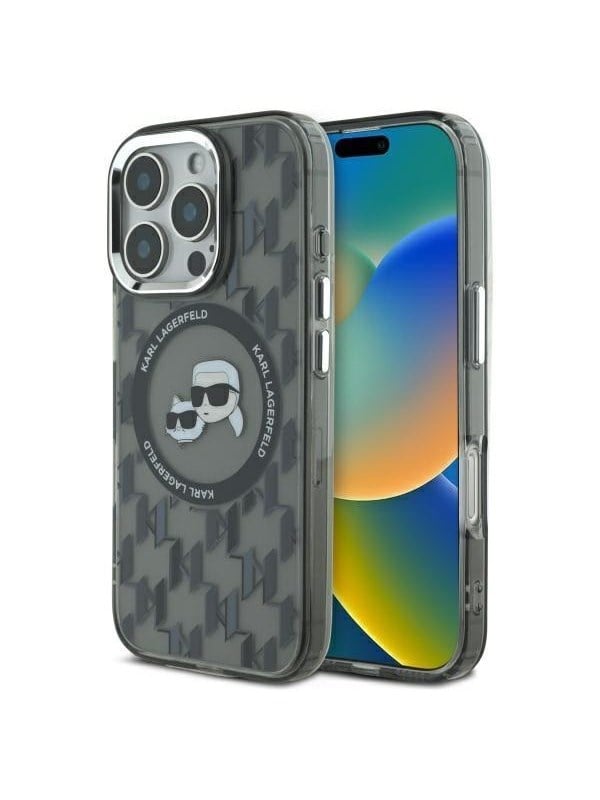 MagSafe Hülle für Apple iPhone 16 Pro, Karl Lagerfeld, IML Monogramm Karl & Choupette's Köpfe, Schwarz