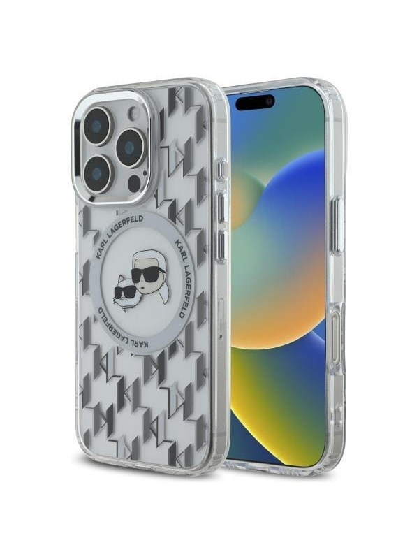 MagSafe Hülle für Apple iPhone 16 Pro, Karl Lagerfeld, IML Monogramm Karl & Choupette's Köpfe, Transparent