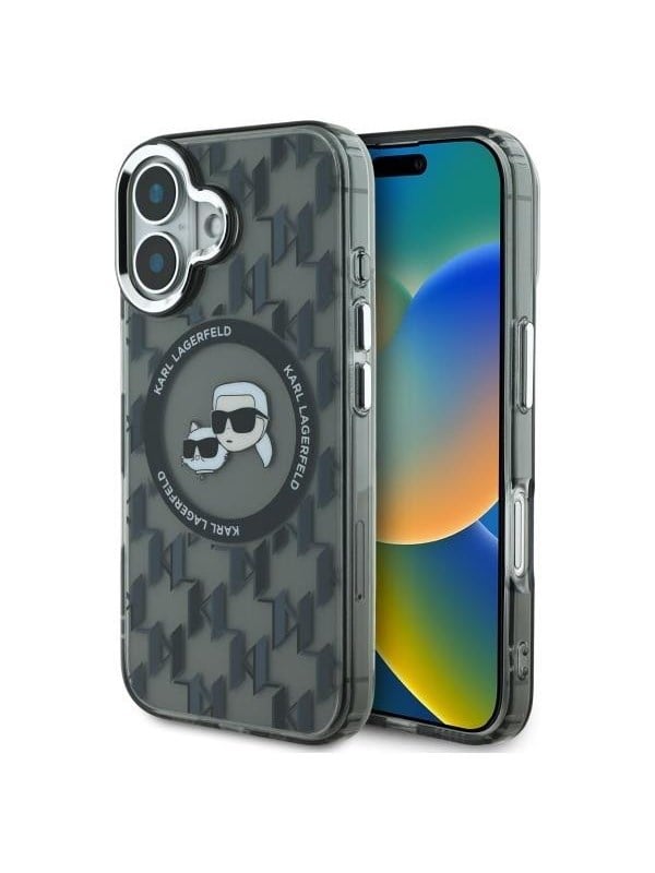 MagSafe Hülle für Apple iPhone 16, Karl Lagerfeld, IML Monogramm Karl & Choupette's Köpfe, Schwarz