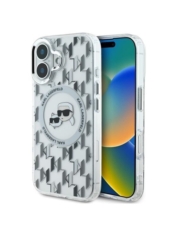 MagSafe Hülle für Apple iPhone 16, Karl Lagerfeld, IML Monogramm Karl & Choupette's Köpfe, Transparent