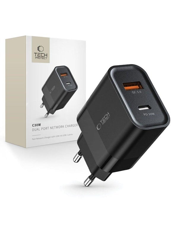 Tech-Protect C30W Mains Charger USB-C PD 30W  USB-A QC 30 - Black