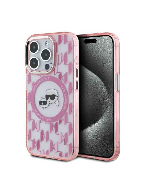 MagSafe Hülle für Apple iPhone 15 Pro, Karl Lagerfeld, IML Monogramm Karl & Choupette's Köpfe, Rosa