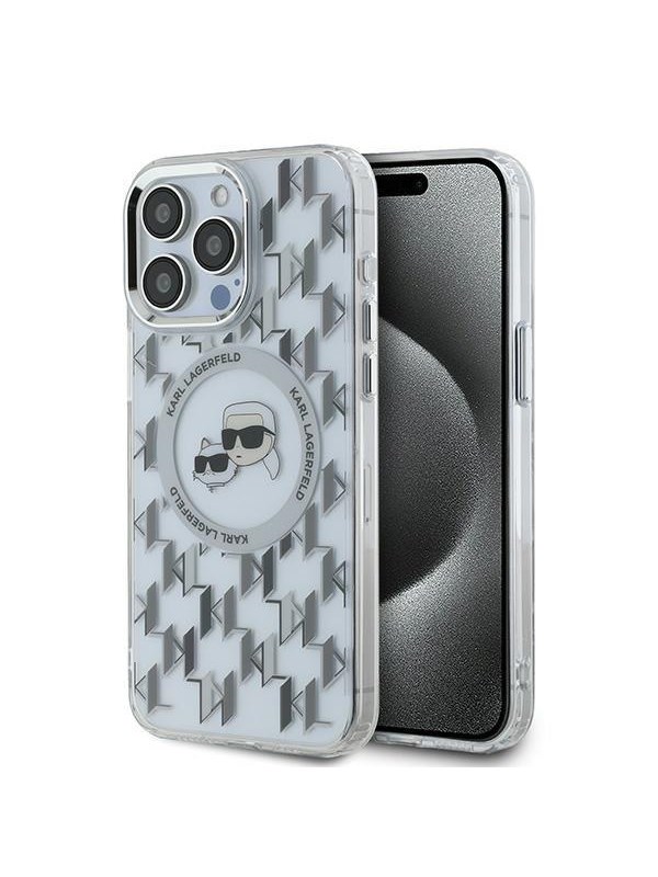 MagSafe Hülle für Apple iPhone 15 Pro, Karl Lagerfeld, IML Monogramm Karl & Choupette's Köpfe, Transparent
