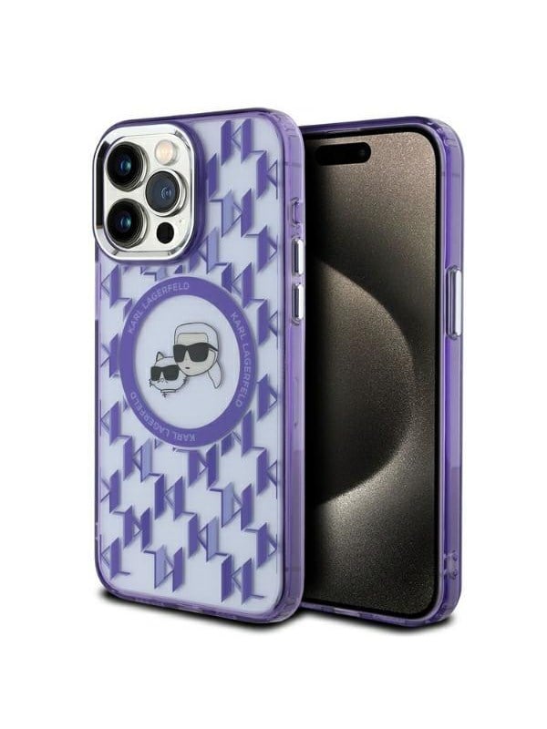 MagSafe Hülle für Apple iPhone 15 Pro, Karl Lagerfeld, IML Monogramm Karl & Choupette's Köpfe, Lila