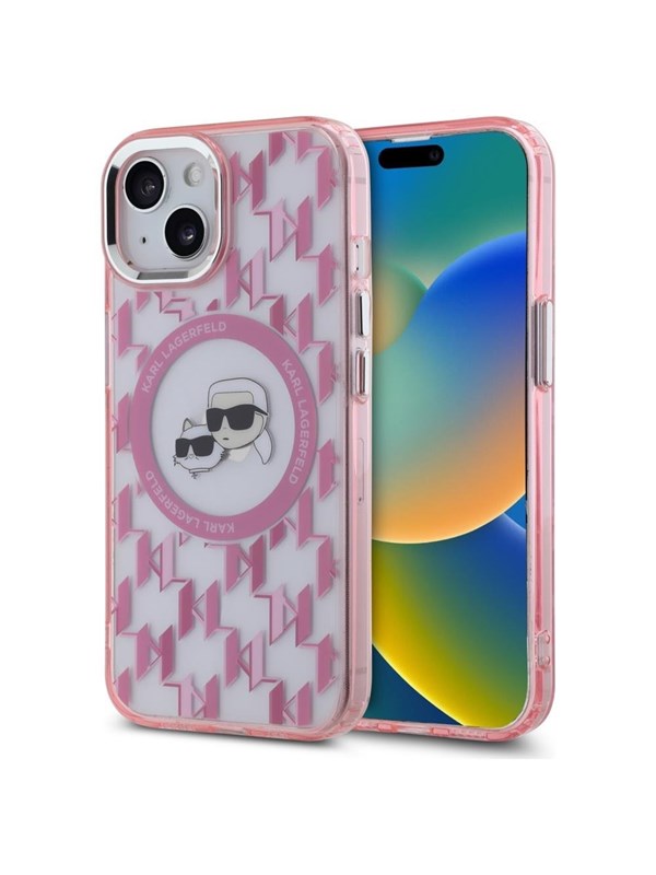 MagSafe Hülle für Apple iPhone 15 Plus, Karl Lagerfeld, IML Monogramm Karl & Choupette's Köpfe, Rosa