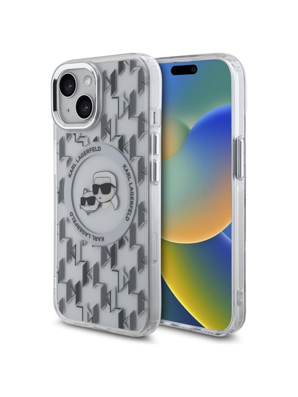 MagSafe Hülle für Apple iPhone 15, Karl Lagerfeld, IML Monogramm Karl & Choupette's Köpfe, Transparent