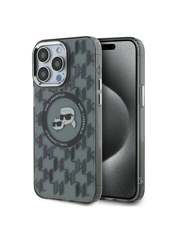 MagSafe Hülle für Apple iPhone 15 Pro Max, Karl Lagerfeld, IML Monogramm Karl & Choupette's Köpfe, Schwarz