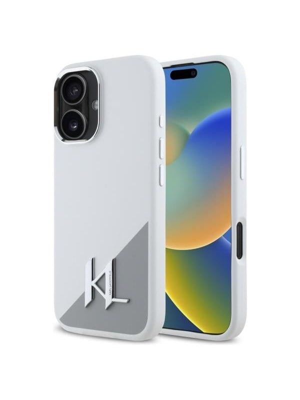 Hülle für Apple iPhone 16, Karl Lagerfeld, Silicone White Shadow Metal Initial, Weiß