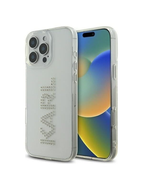 Hülle für Apple iPhone 16 Pro Max, Karl Lagerfeld, IML Rhinestones Transparentes Logo, Transparent