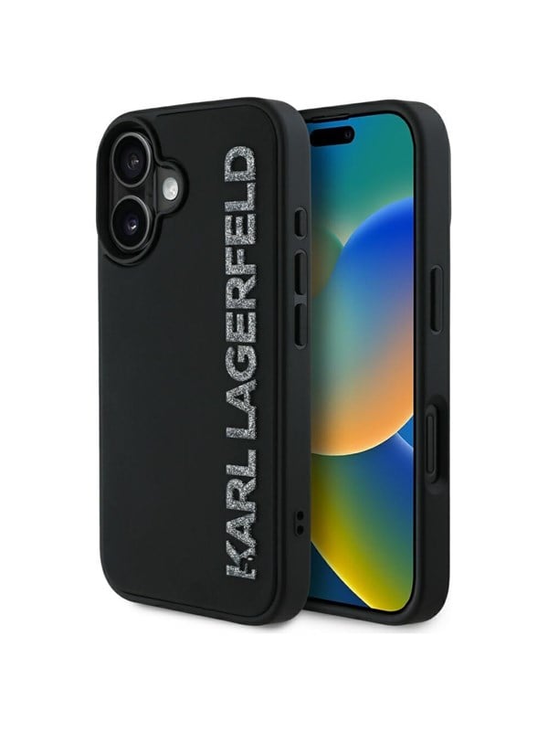 Hülle für Apple iPhone 16, Karl Lagerfeld, 3D Rubber Elongated Glitter Logo, Schwarz