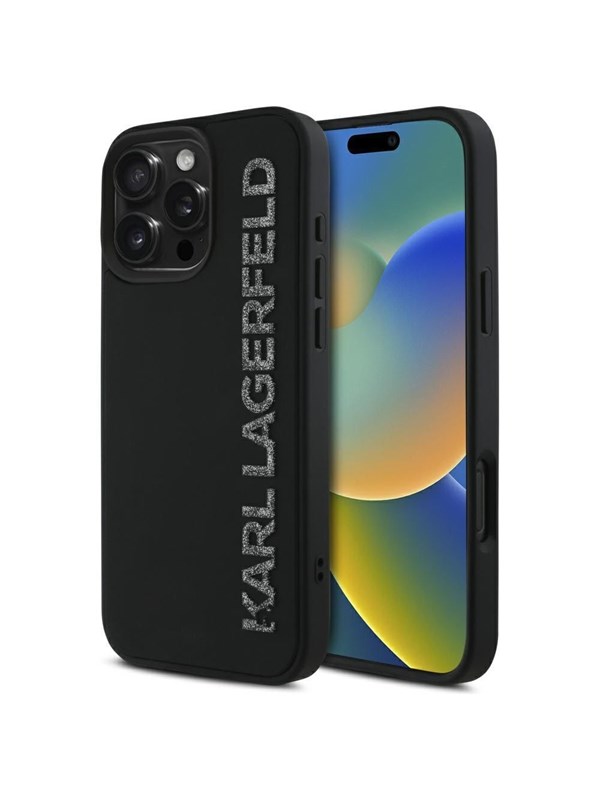 Hülle für Apple iPhone 16 Pro, Karl Lagerfeld, 3D Rubber Elongated Glitter Logo, Schwarz